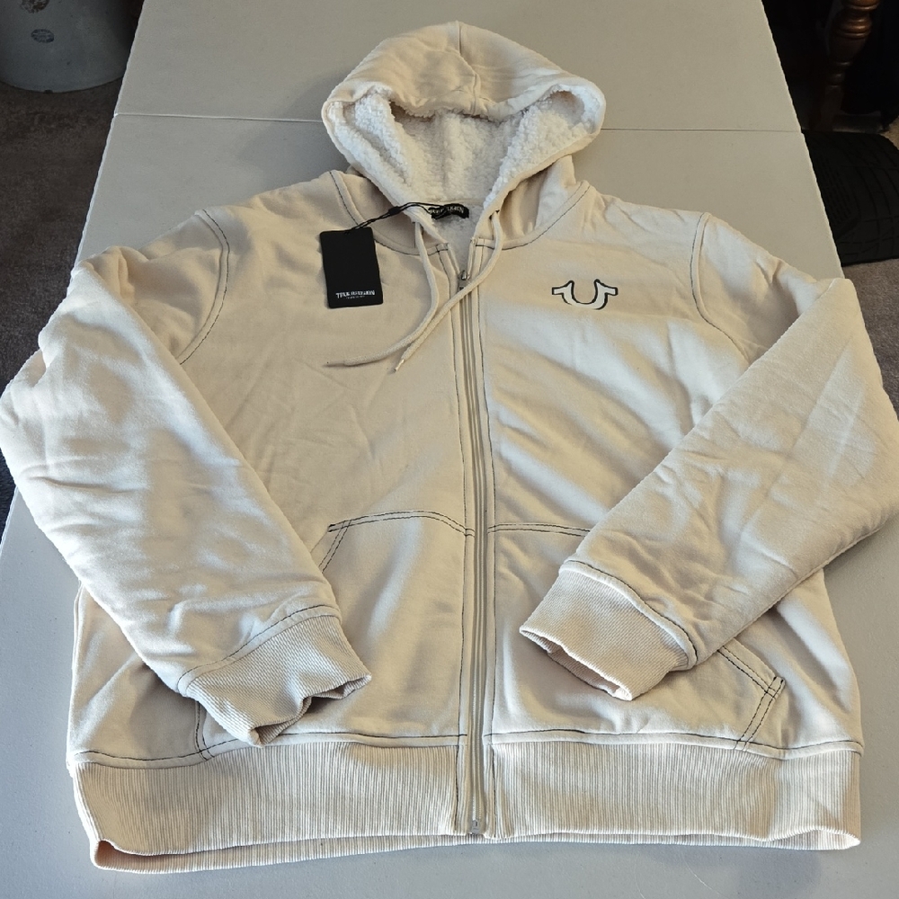 Men's True Religion Cream Hoodie Jacket, Size LG. NWT